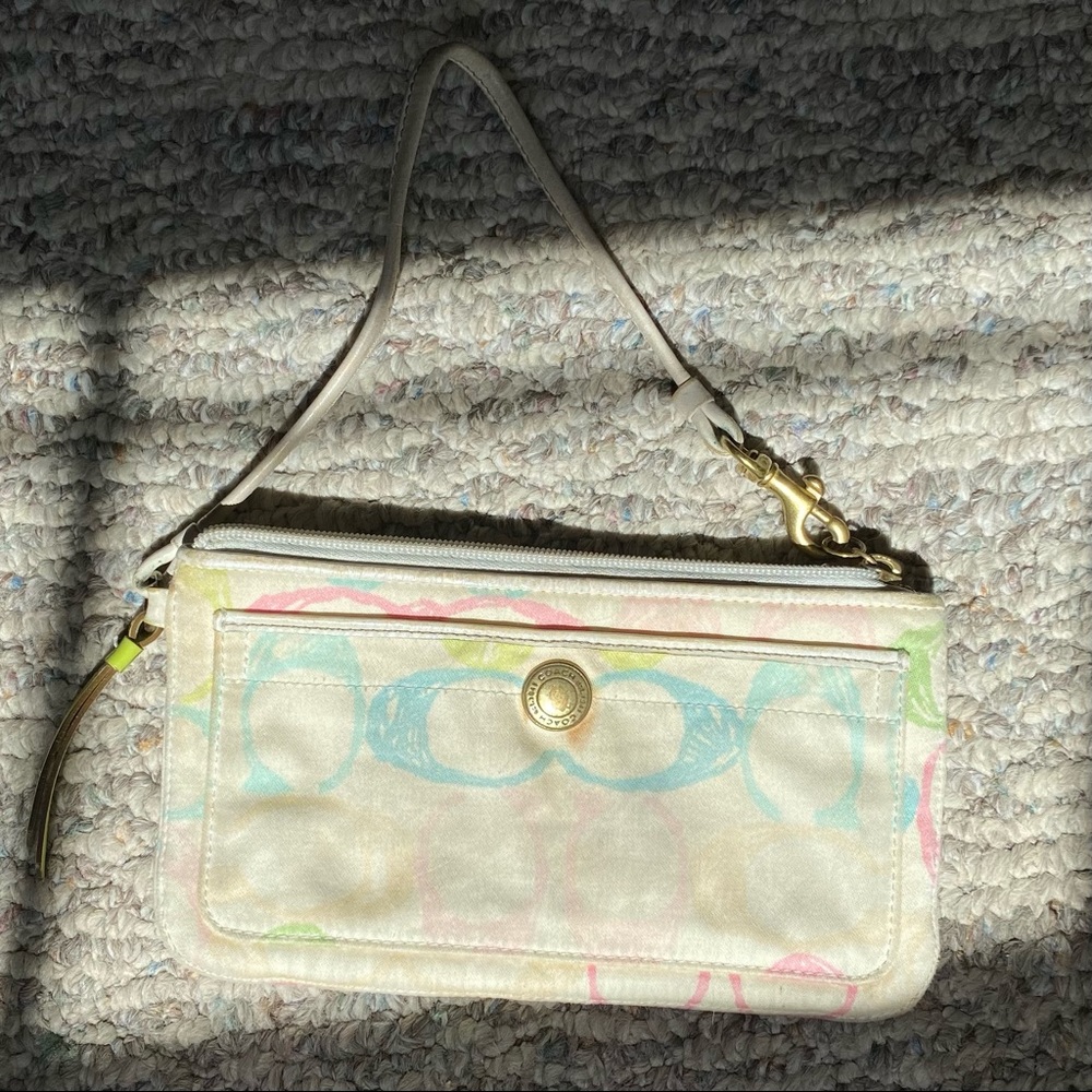 Coach white wristlet with colorful logo